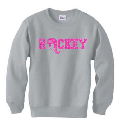 "Hockey" with Ponytail Glitter Crewneck Sweatshirt - Youth